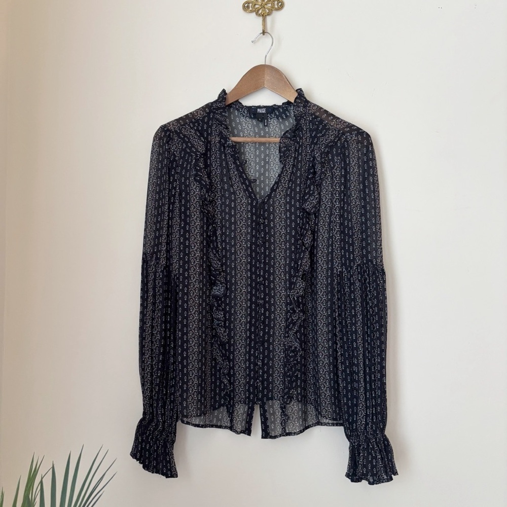 PAIGE Haiku Black Floral Silk Ruffle Button Front Blouse Small Quiet Luxe - Picture 1 of 8